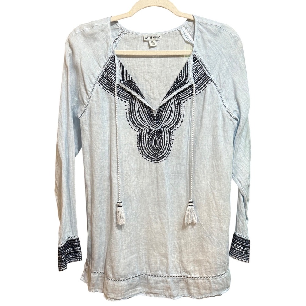 Artisan NY M Blue 100% Linen Embroidered Tassel Tunic Top Boho Natural Fiber
